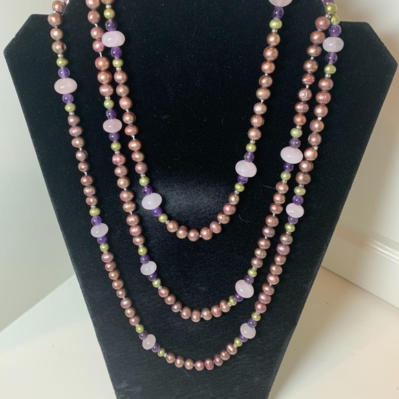 68" FW Pearl, Amethyst and Rose Quartz Necklace - Picture 1 of 5